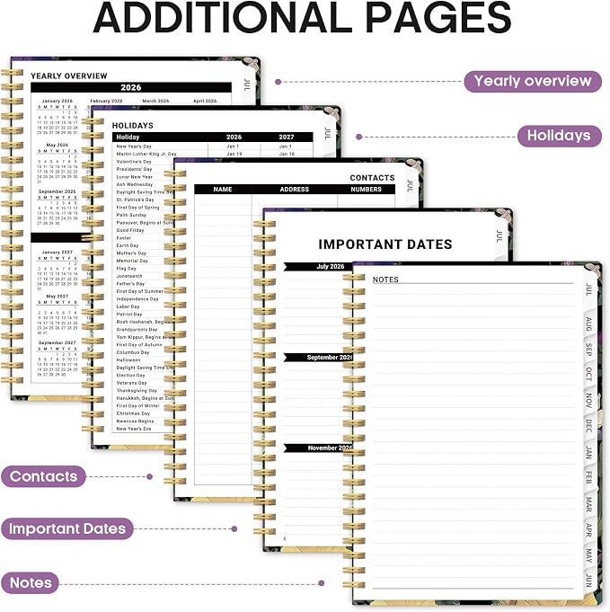 Planner 2026-2027, Monthly & Weekly Jul 2026-Jun 2027 Calendar Book | 6.3" x 8.5", Hardcover Spiral Planner with Tabs, School Pretty Agenda for Women, Students, Teachers, Whispering Petals