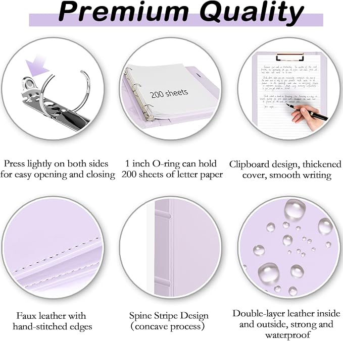Hardcover 3 Ring 1 Inch Leather Binder, Letter Size Dividers With Tabs, PVC Zipper Pouch, Professional Organizer, Faux Lavender Purple Leather