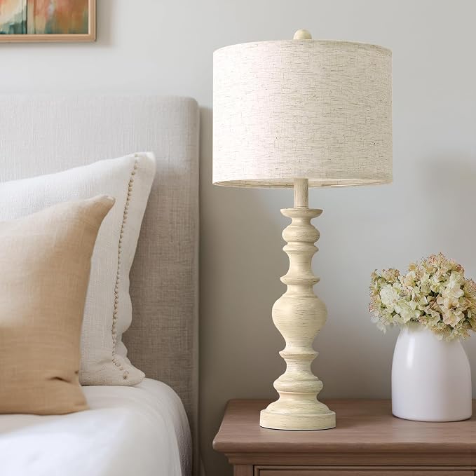 BOBOMOMO 27" Antique White Table Lamps Set of 2, Large Vintage Resin Lamps with Linen Shades, Farmhouse White Lamps for Bedroom, Living Room, or Console Table Elegant Home Décor