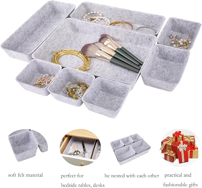 Desk Drawer Organizer Bins, 16pcs Felt Shallow Bathroom Storage Trays, Office Accessories & Workspace Organizers Jewelry & Makeup Boxes Containers(Grey)
