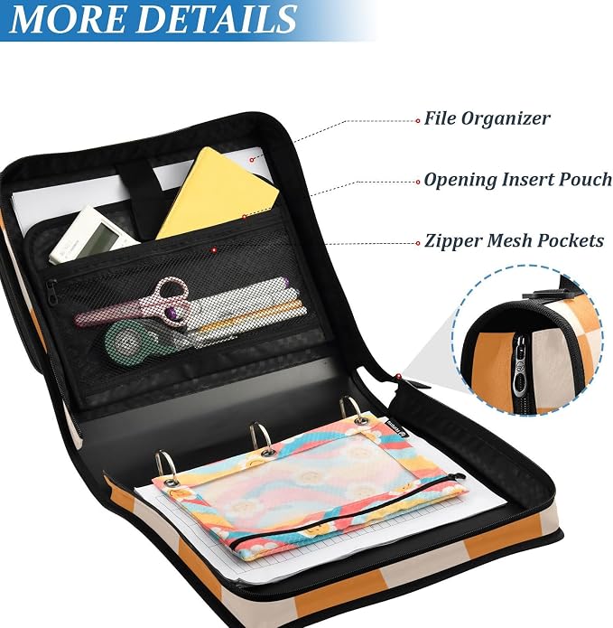 Custom 3 Ring Zipper Binder Orange Checkerboard Personalized Name 1.5 inch Binders Large Capacity Multi Pockets for School Office Supplies