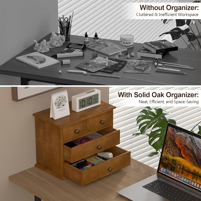 Oak Desk Organizer with Drawers, Durable Wooden Desktop Storage Box | 4 Drawer Tabletop Organizer with Metal Handles & Non-Slip Pads for Office, Bedroom, Bathroom, Vanity & Makeup Storage, Walnut