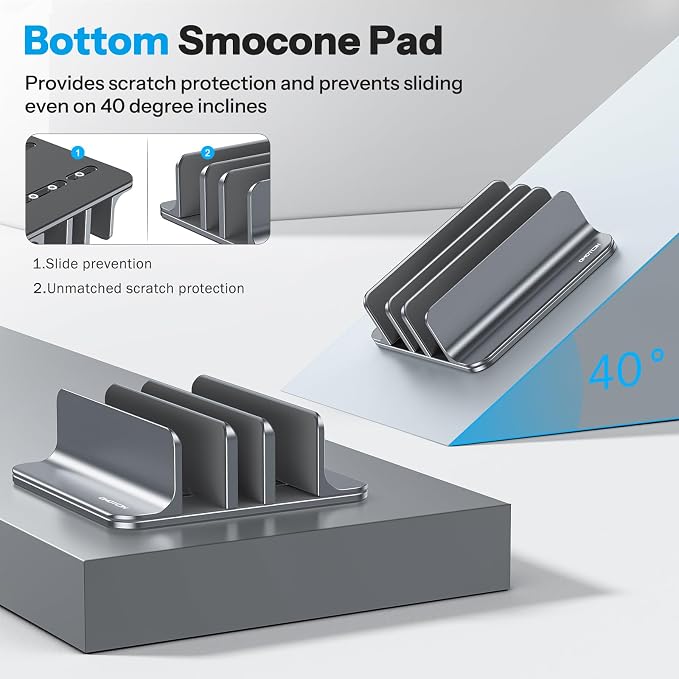 OMOTON 3-Slot Multiple Vertical Laptop Stand, Fits All MacBook, Grey | Adjustable Width 0-1.38", Aluminum Office Space-Saving for Desk, Fits MacBook/Book/iPad Up to 17.3in