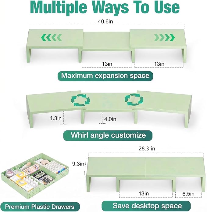 Dual Computer Monitor Stand Riser, Desk Organizer with Drawer, Office Desk Accessories & Workspace Organizers for Home Office Supplies, Green