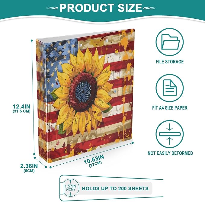 ALAZA 3 Ring Binder USA Flag Patriotic Sunflower Clipboard Round Ring Binder Holds 1.5 Inch Three Ring Binder Heavy Duty Ring Binders for School Office Supplies, 1Pack