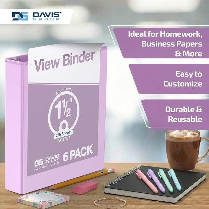 Pack of 6 Premium View Binders, Ring Binders with Clear-View Cover and Interior Pockets, Pastel Color Options, 1.5 Inch, Lavender