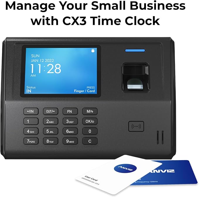 ANVIZ CX3 Fingerprint Time Clocks for Small Business Employees - No Monthly Fee No Software Required - Biometric Clock in and Out Machine - Right Out of The Box, Finger + RFID + Pin Punching