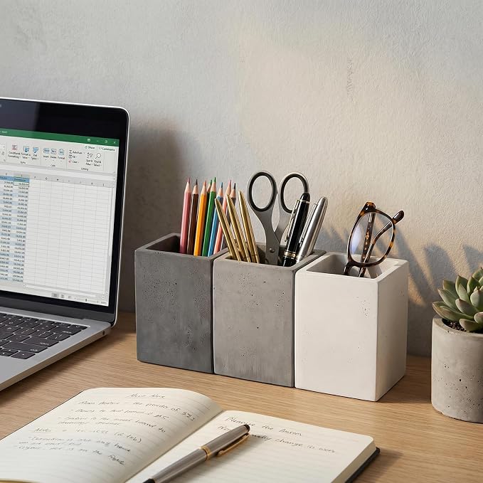 MyGift Pen Holder Pencil Holder For Desk,Pen Cup Holder For Desk,Concrete Desktop Pencil Cup,Modern Gray-Tone,Set of 3 | Functional Minimalist Pen Holder, Stylish desktop organizer keep writing essentials neatly arranged for Home and Office Desks