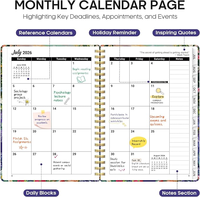 Planner 2026-2027, Monthly & Weekly Jul 2026-Jun 2027 Calendar Book | 6.3" x 8.5", Hardcover Spiral Planner with Tabs, School & Daily Pretty Agenda for Women, Students, Teachers, Lavender Dusk