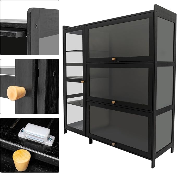 Display Cabinet with Acrylic Doors, 7 Storage Spaces Storage Cabinet & Curio Cabinet with Clear Acrylic Doors, Modern Black Bamboo & Composite Wood for Collectibles, Kitchen, Living Room