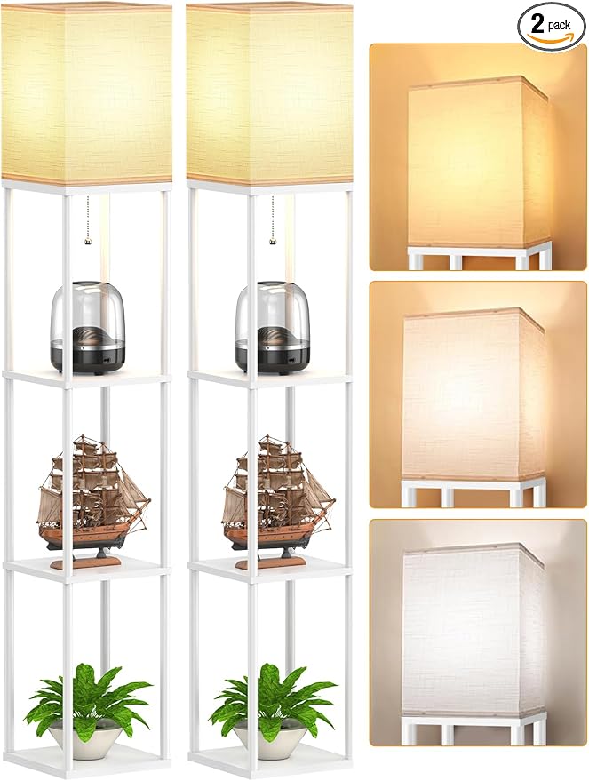 Floor Lamp with Shelves for Living Room 2 Pack, Shelf Floor Lamp with 3 CCT LED Bulb, Corner Display Standing Column Lamp Etagere Organizer Tower Nightstand with White Linen Shade for Bedroom, White