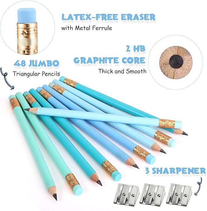 Fainne 48 Pcs Large Pencils 3 Sharpeners,Turquoise Blue Series,Round