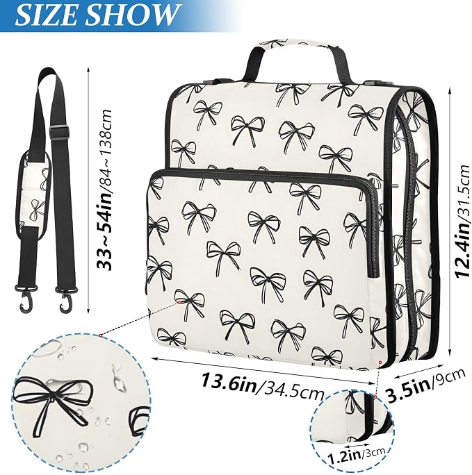 Black Bow Pattern Zipper Binder 3 Ring with Handle and Shoulder Strap, 500 Sheet Binder Organizer Capacity & Multi-Pockets for School Office