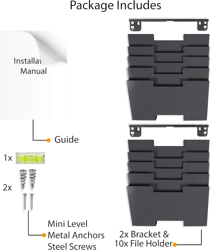 Gray Wall Mount Steel Vertical File Organizer Holder Rack 10 Sectional Modular Design Wider Than Letter Size 13 Inch Multi-Purpose Organize Display Magazines Sort Files and Folders