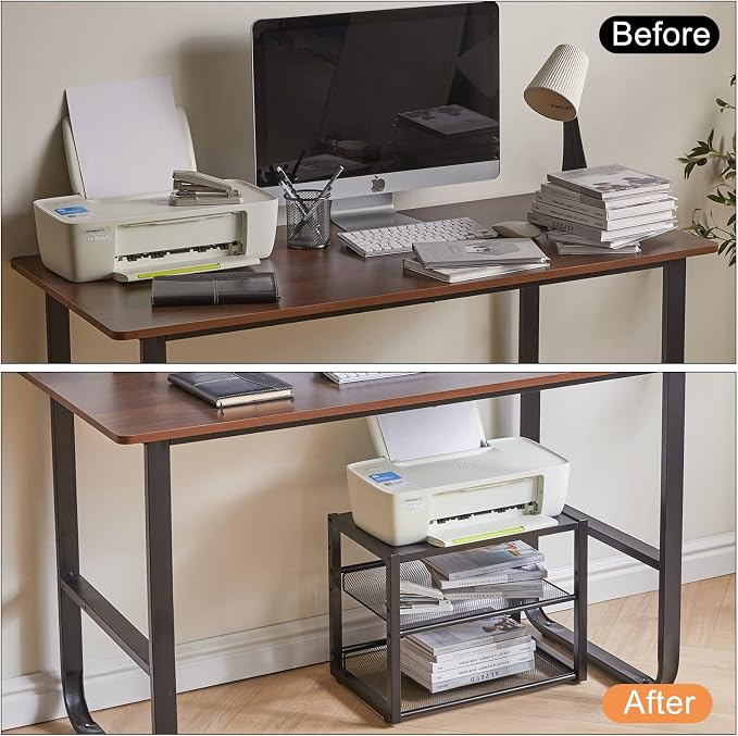 YMYNY 3 Tiers Desktop Printer Stand,17.32 x 13.78 x 11.02 in Black,UHPT001B | Desk Organizer with Adjustable Storage Shelves,Multi-Purpose Printer Shelf for Home Office,Fax Machine,Scanner, Files