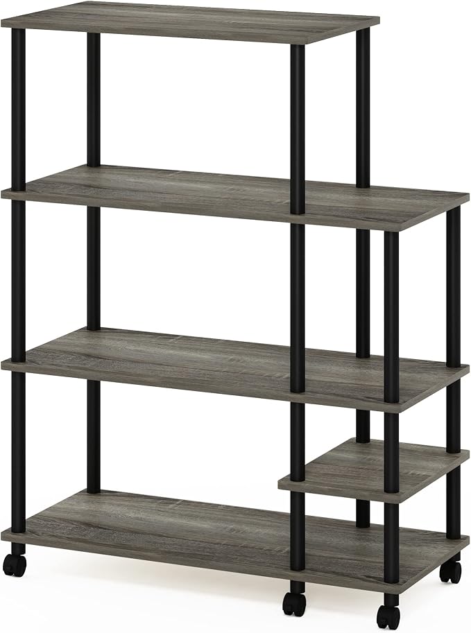 Furinno Turn-N-Tube 4-Tier Wide Toolless Multipurpose Printer Stand Display Storage Shelf with Wheels, French Oak Grey/Black