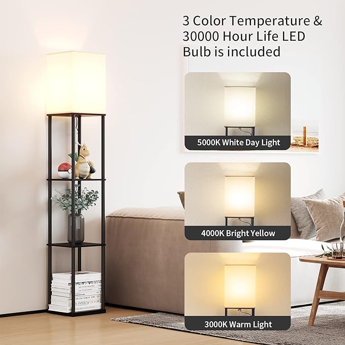 SUNMORY Floor Lamp with Shelves, Standing Lamps for Living Room, Black | 3 CCT LED Bulb Include, 4-Tier Display Bookshelf, 63" Tall Corner Shelf Lamp, Modern Style for Bedroom, Office, Home Decor
