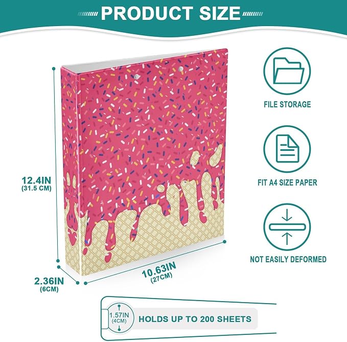 3 Ring Binder Red Ice Cream Print 1.5" Round Ring Binders View Binder with 200 Sheet for Kids School Supplies Women Men Office, 1 Pack