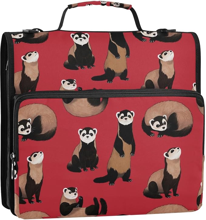 3 Ring Zipper Binder with Shoulder Strap Ferrets Red 2 Inch Zippered Binder Bag 500 Sheet Capacity Multi Pockets for School Supplies