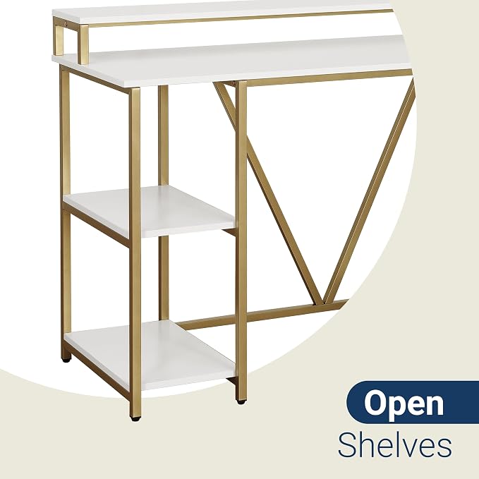 Techni Mobili 47" Computer Desk w/Shelves, Monitor Stand & CPU Caddy, Gold | 47" industrial computer desk with shelves, monitor stand, accessory holder, mobile CPU caddy, 2‑tier shelf for home office
