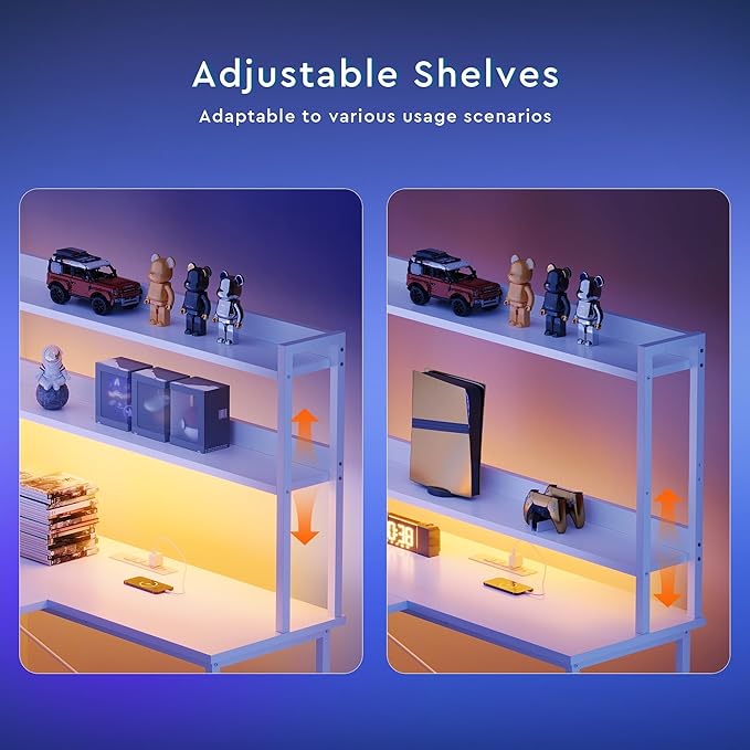 L Shaped Gaming Desk, Reversible with LED Lights, Shelves, White | Reversible, LED lights, Charging, Monitor stand