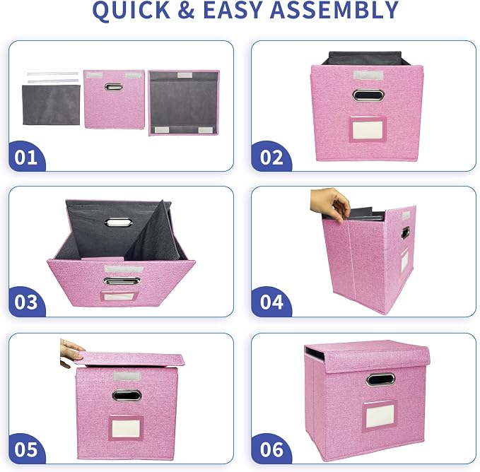 2 Pack Hanging File Folder Box with Lid, Durable Letter Size Filing Storage Box, Sturdy File Holder with Cardboard Support PVC Rails for Office Home Organizer, Pink