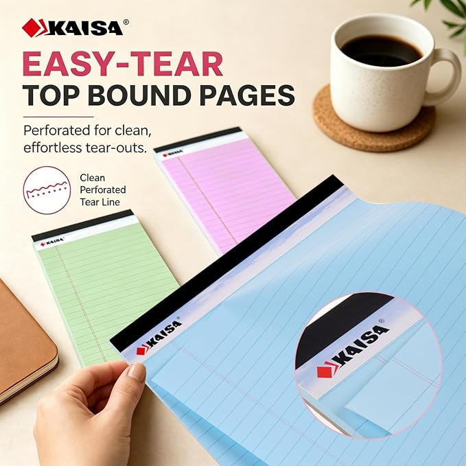 KAISA note pads Colored Legal Pad Writing Pads 8.5x11 inch, Wide Ruled, 40 Sheets/Pad, 20lb Colored Paper, Perforated Writing Pad with Sturdy Back (4 Pads), KSU-5972