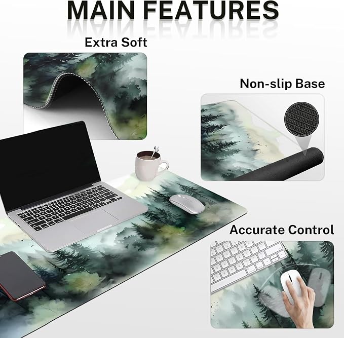 Keyboard Mouse Pad Set, 4 in 1 Desk Mat Set, Mountain Forest | Green Ink Large Mousepad+Keyboard Wrist Rest+Mouse Wrist Rest+Coaster Ergonomic Design for Home Office Computer