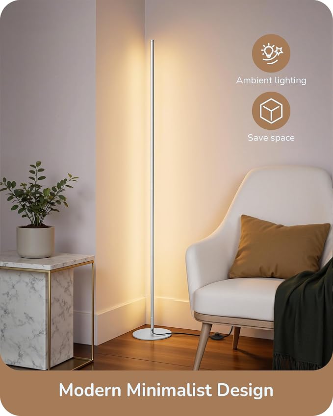 EDISHINE 57.5" Floor Lamp with Remote & Foot Switch, Dimmable & 7CCT | 2700-6000K, Minimalist Corner Floor Lamp for Living Room, Bedroom, Home Office, Sturdy Base, White