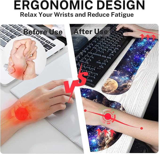 Keyboard Mouse Pad Set, 4 in 1 Desk Mat Set, Space Moon | Night Cloud Blue Large Mousepad+Keyboard Wrist Rest+Mouse Wrist Rest+Coaster Ergonomic Design for Home Office Computer