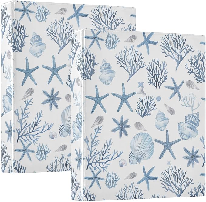 Nutical Theme Blue Starfish Coral Binder 1.5 Inch Binder with Clipboard&Pockets, Hardcover Binders 3 Ring, Heavy Duty Large File Folder for Office School Supplies - Holds 200 Sheets, 2 Pack