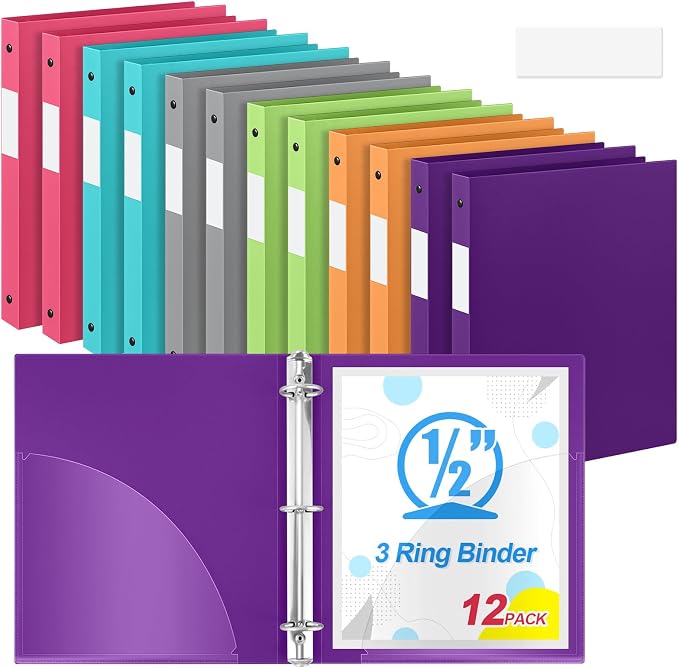 Henoyso 1/2 Inch 3 Ring Colored Binders Soft Flexible, 8.5'' x 11'' Plastic Floppy Binders Bendable with 2 Pockets, Colorful Binder Bulk for School Office Business ，12 Pack (Assorted Stylish Color)