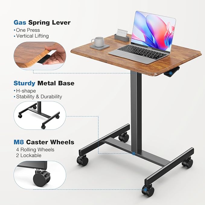DUMOS Mobile Rolling Desk with Wheels Adjustable Height | Small Standing Desks Portable Laptop PC Table, Computer Workstation for Home Office Small Space, Modern Brown