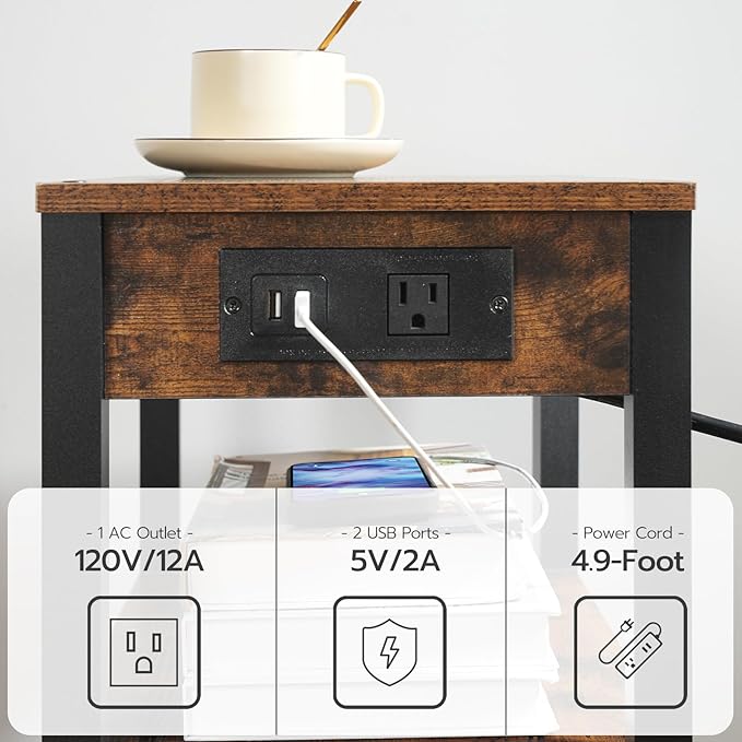 HOOBRO 3-Tier Printer Stand with Charging Station, Under Desk Printer Table, Printer Cart with Storage Shelves, Shelf for Small Spaces, for Home Office, Rustic Brown and Black BF63UPS01