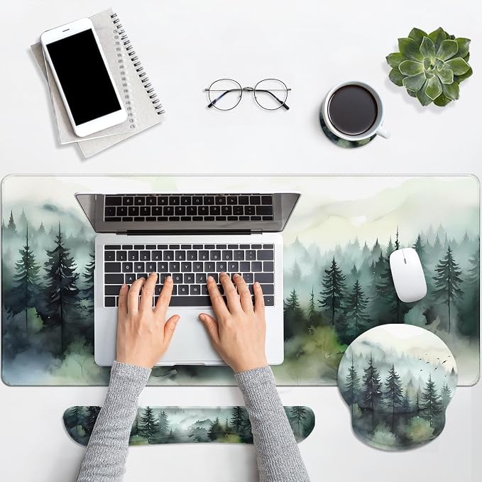 Keyboard Mouse Pad Set, 4 in 1 Desk Mat Set, Mountain Forest | Green Ink Large Mousepad+Keyboard Wrist Rest+Mouse Wrist Rest+Coaster Ergonomic Design for Home Office Computer