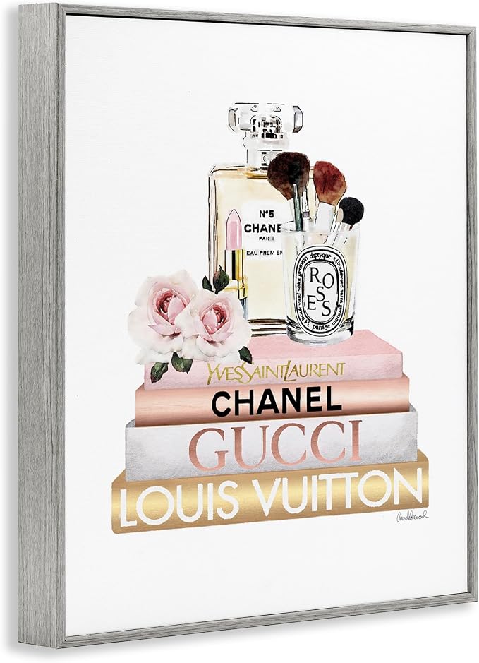 'Glam Cosmetics on Fashion Books'| Framed Giclee Art | Stupell Industries | Gray, 16 x 20 Inches, Easy to Hang and Sturdy, Made in USA, by Amanda Greenwood