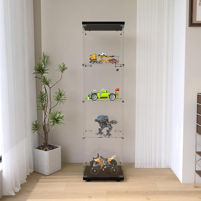 Frameless Glass Display Cabinet, Curio Cabinet with Lock and Glass Door, Floor Standing Showcase Display Shelf for Collectibles, Legos, Figures, Plants
