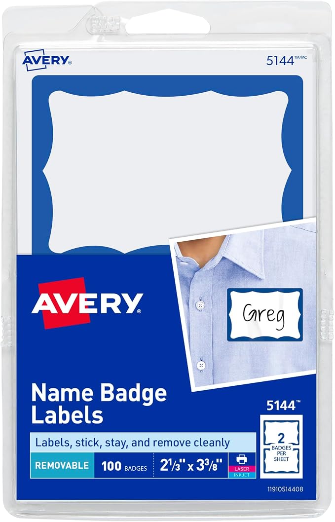 Avery Customizable Name Tags, 2-1/3" x 3-3/8", White with Blue Border, Removable Adhesive, 100 Name Badge Labels Total, Great for Meetings, Events, and More (05144)
