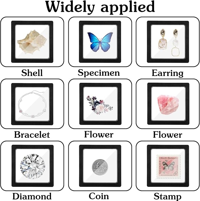 60 Pcs 3D Floating Display Case, 2.8 x 2.8 x 0.8 Inch Transparent Film 3D Floating Coin Display Frame Holder Stands for Challenge Coins, Jewelry, Shells, Gems, Rocks, Fossils, Specimen, Black