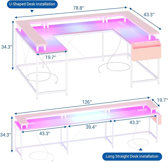 Reversible u Shaped to l Shaped Computer Desk with RGB Lighting & Charging Station, 79 Inch Home Office Workstation with Full Monitor Stand, Heavy Duty Gaming Desk Supporting 600LBS, Multiple Color Op