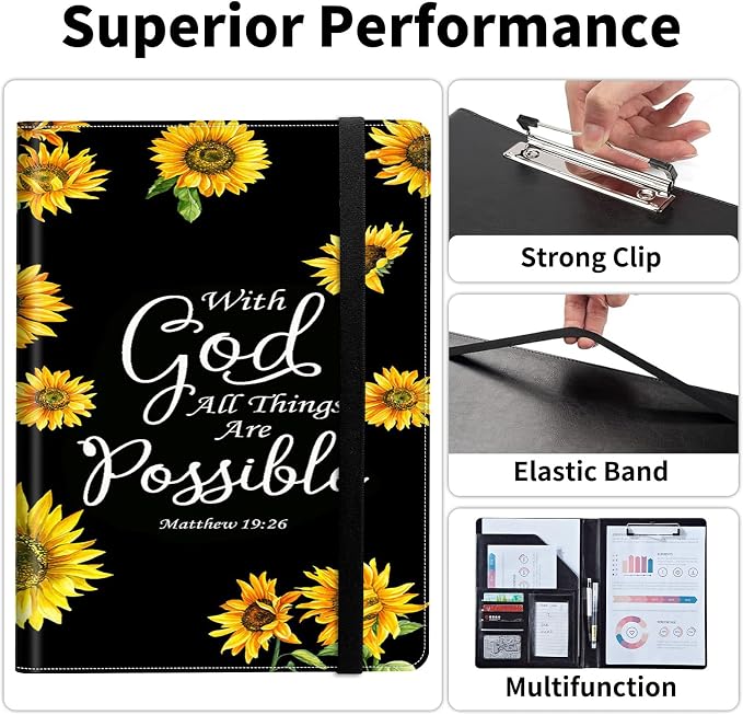 Padfolio/Portfolio Folder Clipboard,Padfolio Clipboard,Writing Portfolio Leather with Cover for Card Holder Slot Letter Size A4 for Office Conference Notepad Clip Boards,Sunflower Matthew 19:26