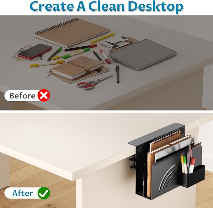 Onemake 2-Tier Rainbow Desk Side Storage, No Drill Laptop Holder, Clamp on Desks Shelf with Magnetic Pen Holder, Hanging Desk Organizer for Home Office, Fits Flat Edge Tables 0.4" to 2.3"