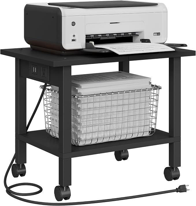 TUTOTAK Printer Stand, 2 Tier Rolling Printer Cart with Charging Station | Small Under Desk Printer Table with Wheels for Small Space, Office, Home, Black PS01BK001P