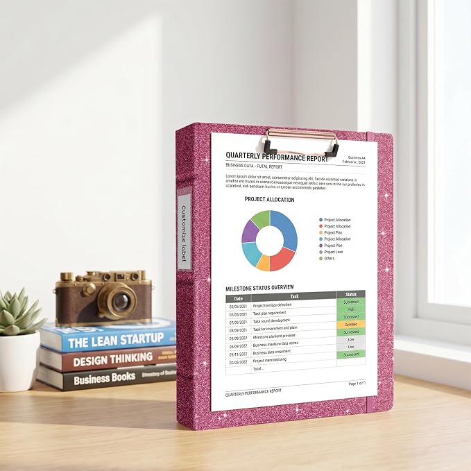 Ospelelf Leather 3 Ring Binder with Clipboard, 1 Inch Round Ring Vintage Hardcover Binder with Dividers and Tabs, Professional Binder Organizer for Office, School, Glitter Light Pink