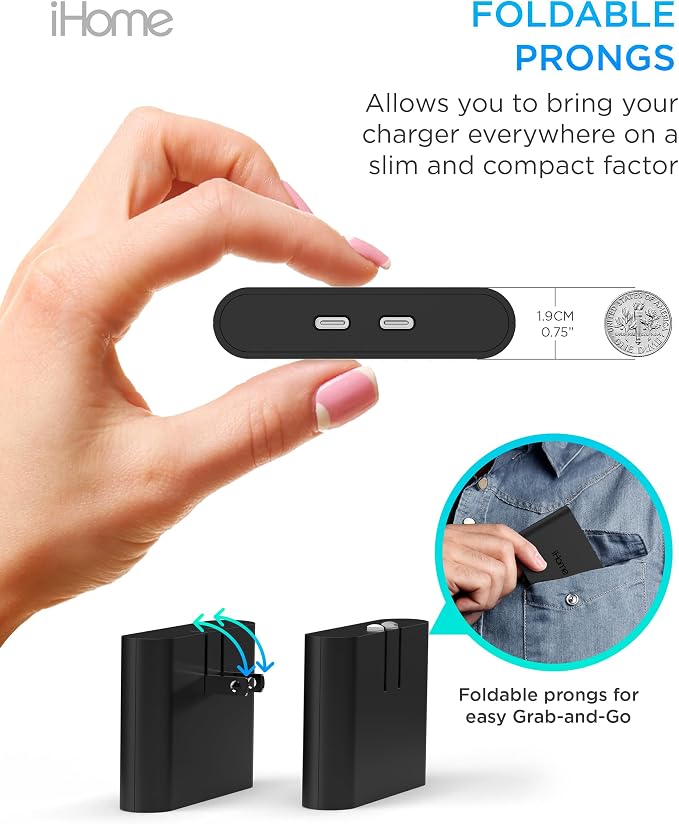 iHome Multiport 40W USB-C Charger, AC Pro 2-Port Flat Block, Dual Fast Charging Wall Adapter | Foldable Prongs, Fast Charging, 2.5x Faster, Charges iPhone, Android, iPad, AirPods, 2 USB-C Ports, Multiport Plug for Home