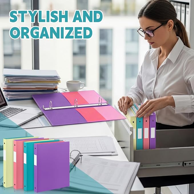 Henoyso 4 Pack Two-Tone Durable 3 Ring Binders 1/2 Inch, 4 Inner Pockets, Colored Plastic Flexible Binders with Large Capacity for School & Office