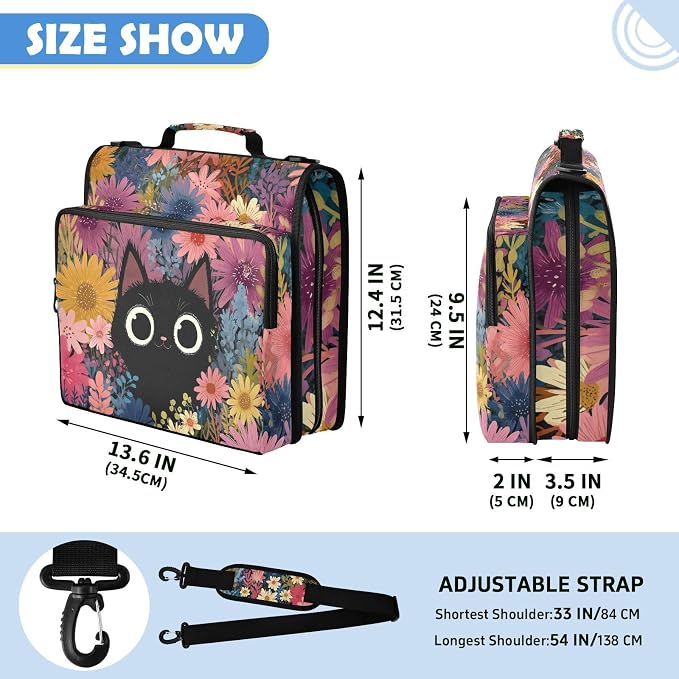 Cute Cat Zipper Binder File Organizer Bag 3 D-Ring | with Shoulder Strap, Holds 500 Sheets & 14in Laptop, 3 Ring Binder for Office Supplies