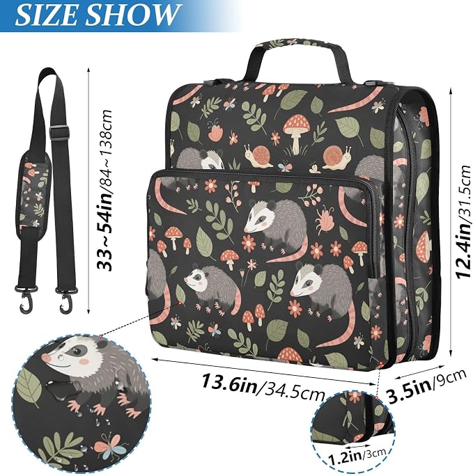 Opossum Mushroom Black Print Zipper Binder Bag 3 Ring with Shoulder Strap & Handle Multi Pocket Binder Organizer Bag Large Capacity for School Office Supplies