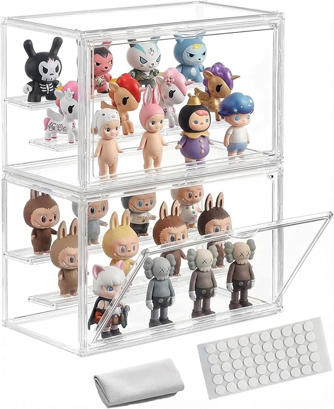 Clear Acrylic Display Case for Figures, 3 Layer Adjustable Acrylic Boxes for Display, Stackable Display Boxes for Collectibles, Action Figure Display Case for Shoe, Bread, Cosmetic, Handbag, 2 Pack