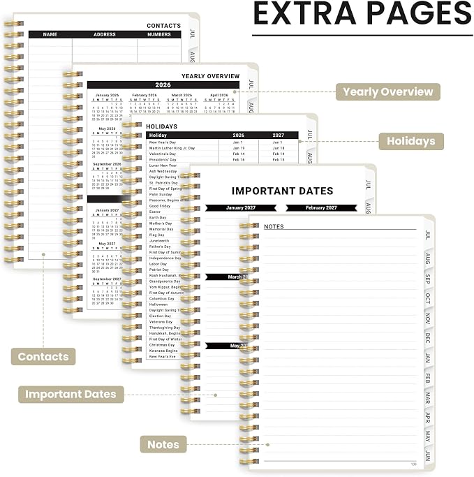 Taja Planner 2026-2027, Jul 2026-Jun 2027 Monthly & Weekly Calendar Book | 6.3" x 8.5", Hardcover Academic Calendar with Tabs, Teacher Student Agenda Book for School Office Supplies - Beige